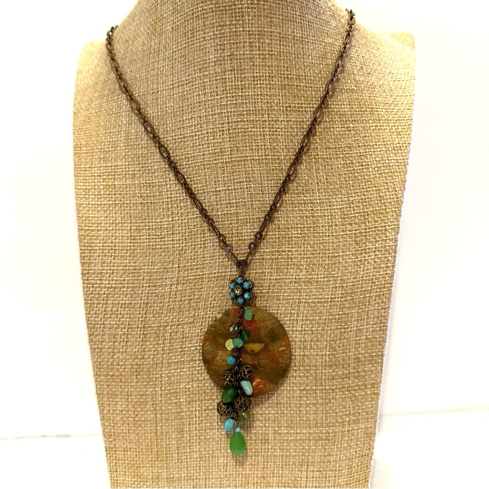 Liz Paiacios Necklace- Vintage.  Antiqued gold with beads & rhinestones- Lariat